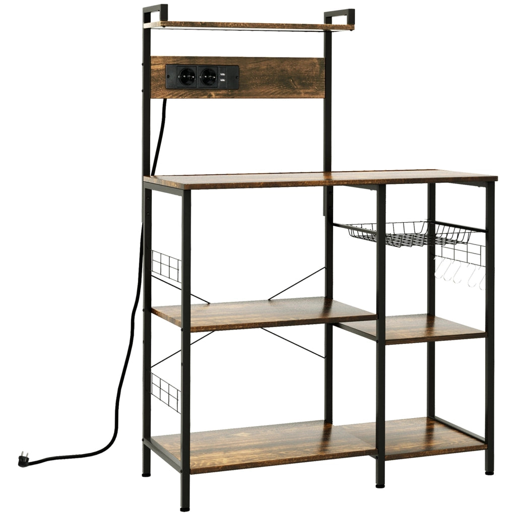 Scaffale Cucina con Multopresa 90x42x130 cm in Legno e Acciaio Marrone Rustico