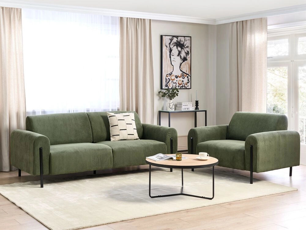 Set soggiorno divano 3 posti e poltrona imbottita in velluto verde con schienale regolabile stile elegante moderno