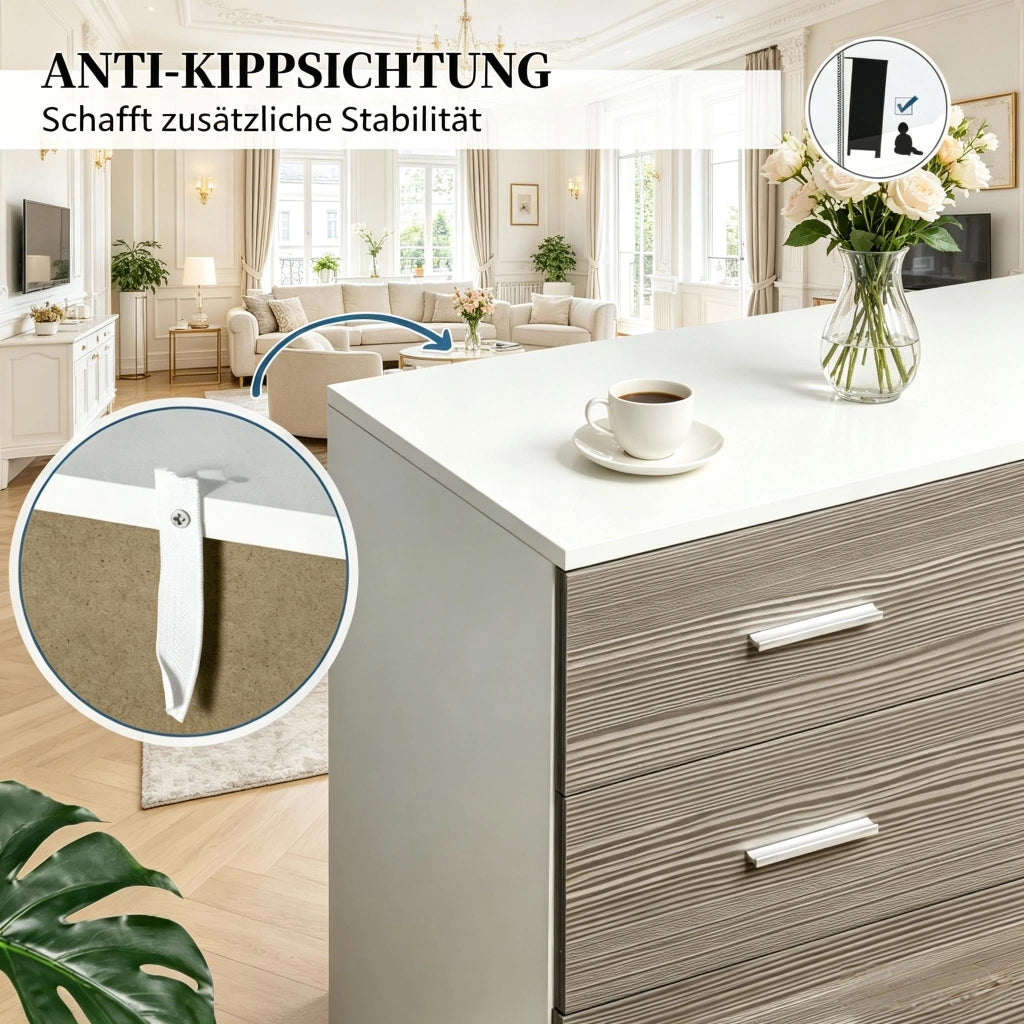 Cassettiera con 4 cassetti in truciolare e metallo per camera da letto, soggiorno e ufficio, grigio bianco 76 × 35 × 72 cm