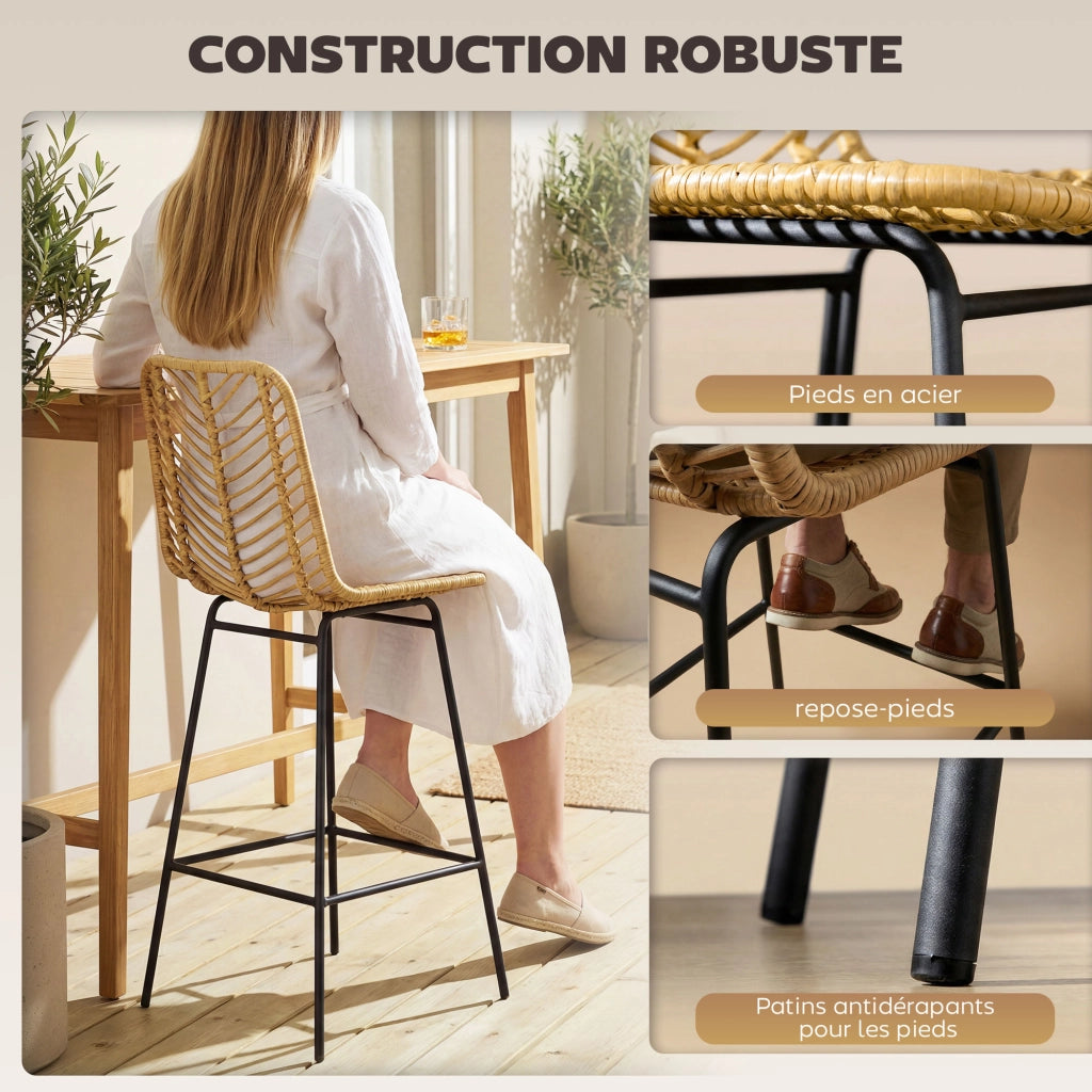 Sgabelli da bar 2 pezzi ¨C zephmum ¨C design boheme con struttura metallo e rotin, altezza 66 cm