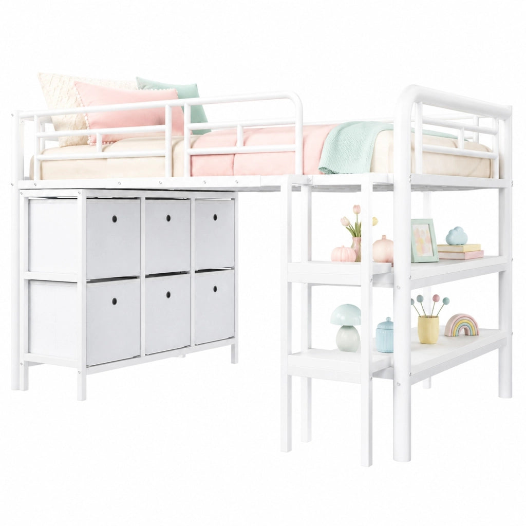 Letto rialzato per bambini 90x200 cm in metallo con cassetti; bianco e rosa