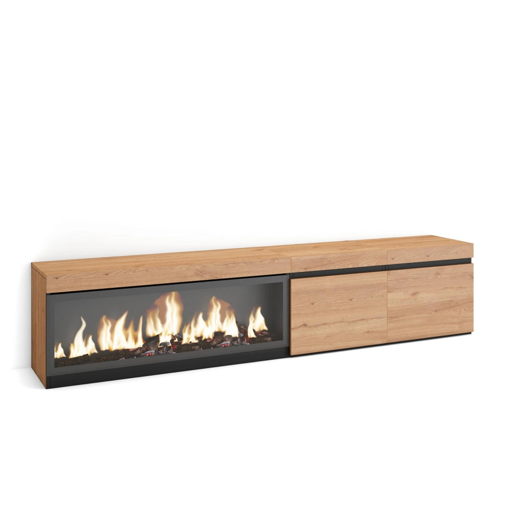 Mobile TV Soggiorno, 208x35x45cm, Per TV fino a 80", Camino elettrico XXL, colore Rovere RF3273