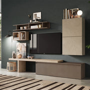 Parete Attrezzata Made in Italy Infinity 2A con Mensola "T", Base TV, 2 Cubi con anta, 2 Cubi con vano, Mensola, design moderno per soggiorno, sala da pranzo, cucina, colore Argilla/Bronzo/Cadiz