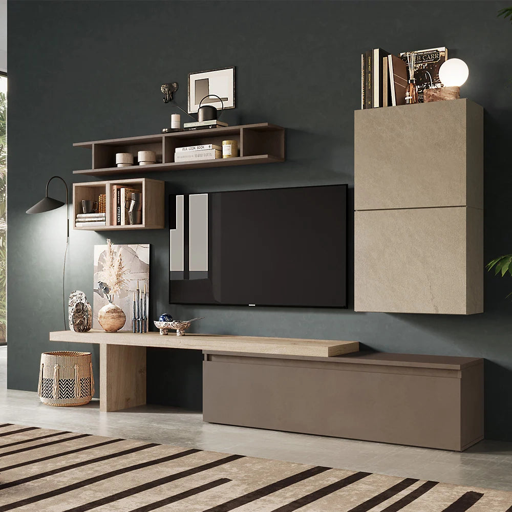 Parete Attrezzata Made in Italy Infinity 2A con Mensola "T", Base TV, 2 Cubi con anta, 2 Cubi con vano, Mensola, design moderno per soggiorno, sala da pranzo, cucina, colore Argilla/Bronzo/Cadiz