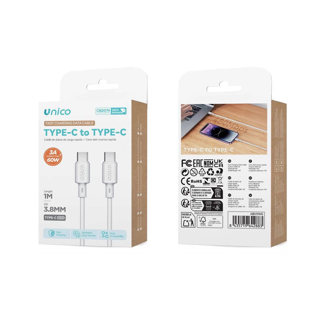 Unico Cavo dati di ricarica 1 metro PVC tipo C-C 60W