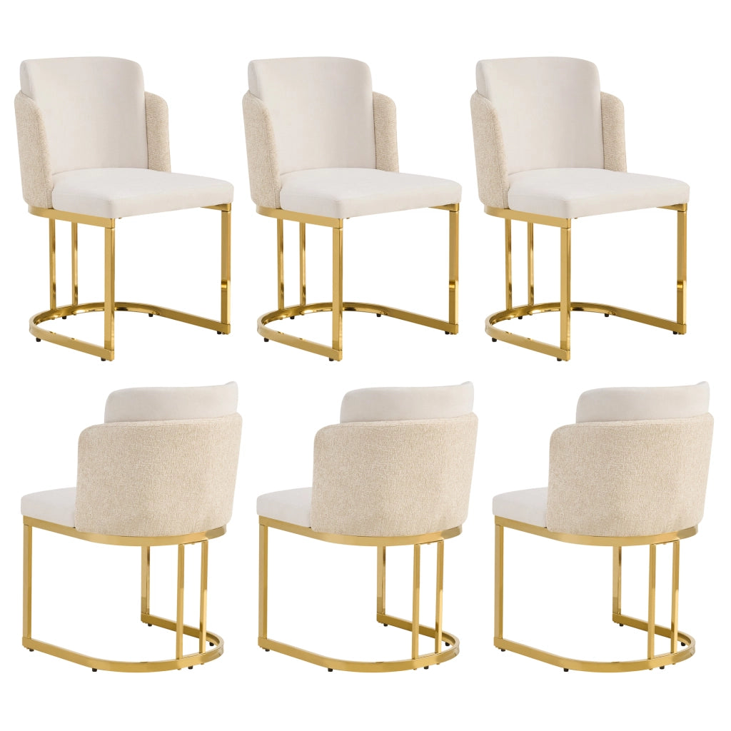 Set di 6 sedie da pranzo in Chenille Beige e Oro, con schienale doppio, gambe metalliche galvanizzate e struttura robusta