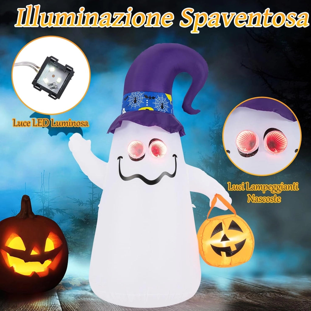 Fantasma Gonfiabile per Halloween 180 cm, con Lanterna di Zucca e Cappello da Mago, Decorazione Gonfiabile per Halloween con Luci LED e Soffiatore Incorporato, per Cortile, Prato e Feste