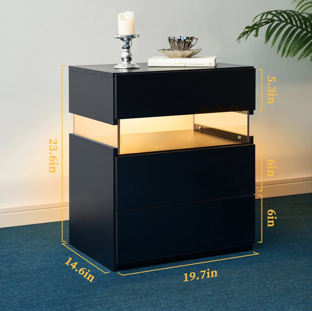 Comodino nero in legno ingegnerizzato con LED RGB e 3 cassetti