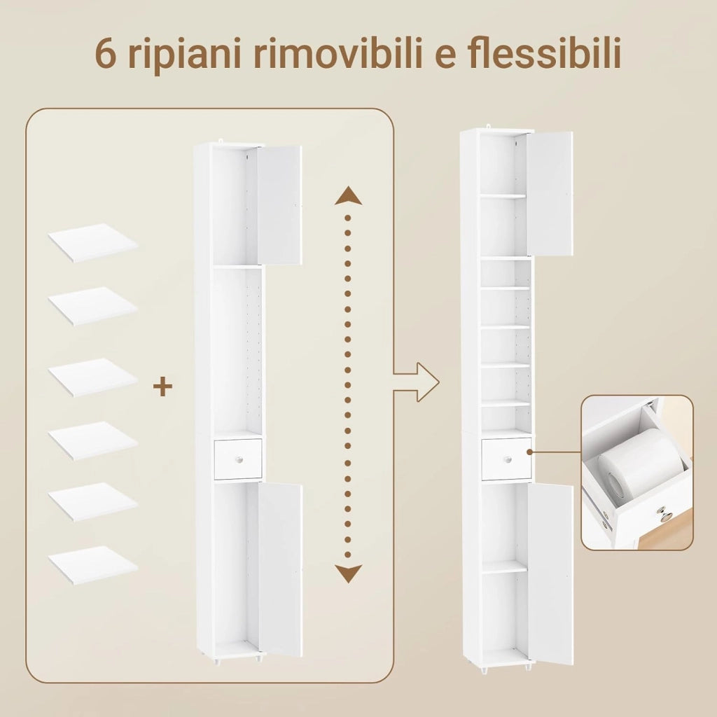Mobile Bagno Alto e Stretto, Mobiletto Bagno Salvaspazio Mobiletto a Colonna da Terra con Ripiani Regolabili e Cassetto Armadietto per WC e Lavanderia 20×20×180 cm Bianco BZR34-II-W