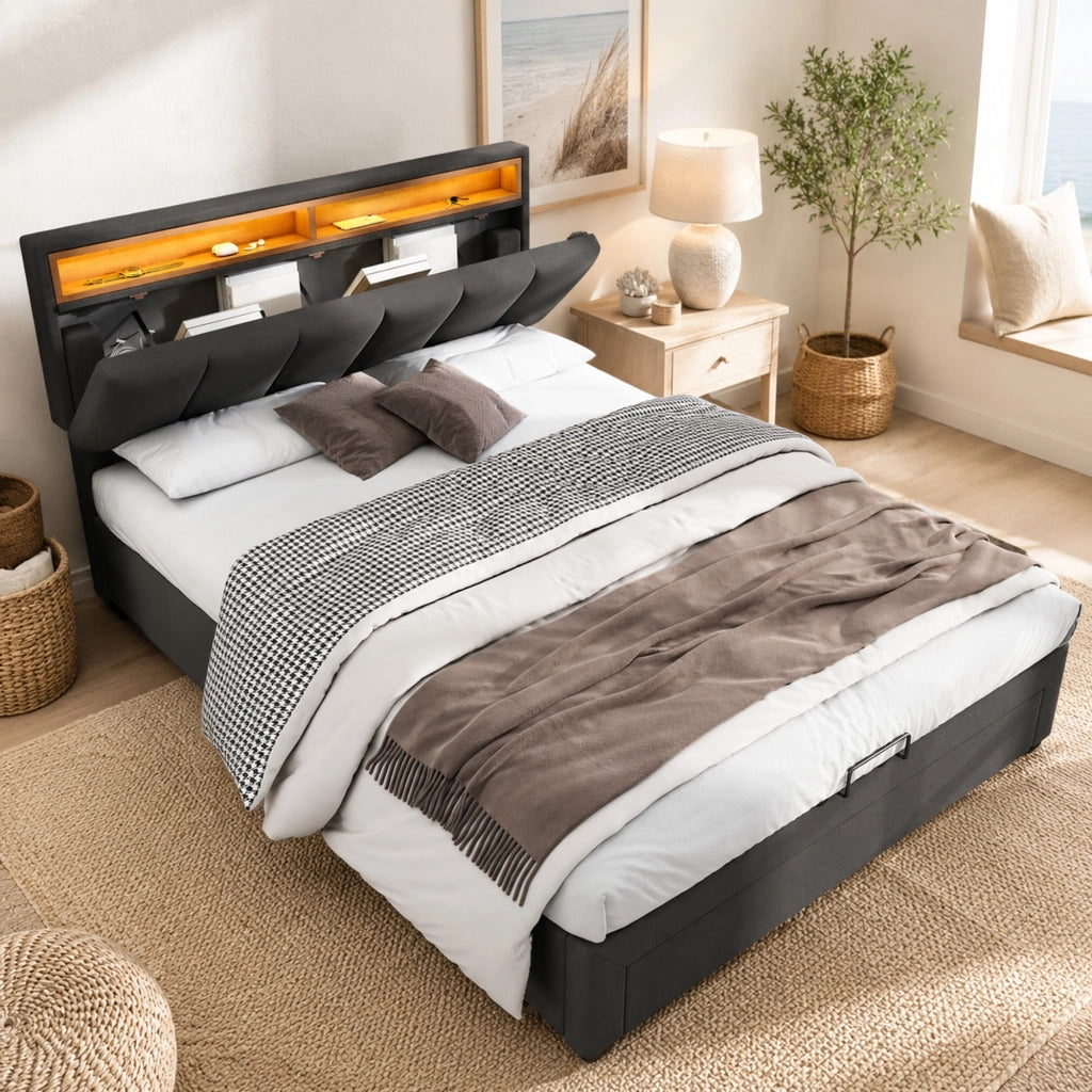 Letto imbottito 140x200 cm grigio con LED, rete a doghe, vano contenitore sottoletto e struttura in MDF