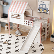 OKWISH Letto a soppalco 90×200 cm, Letto Singolo con Scivolo, Scala e Mensole, senza Materasso, in Legno Massello, Rosa