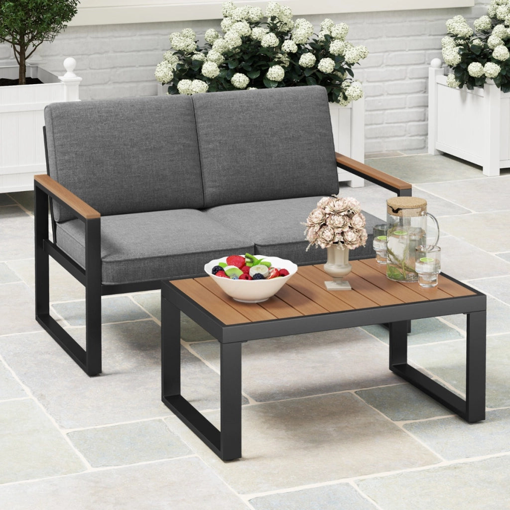Set da giardino in alluminio a 2 pezzi da esterno, Set da conversazione con braccioli e piano in Legno-Plastica