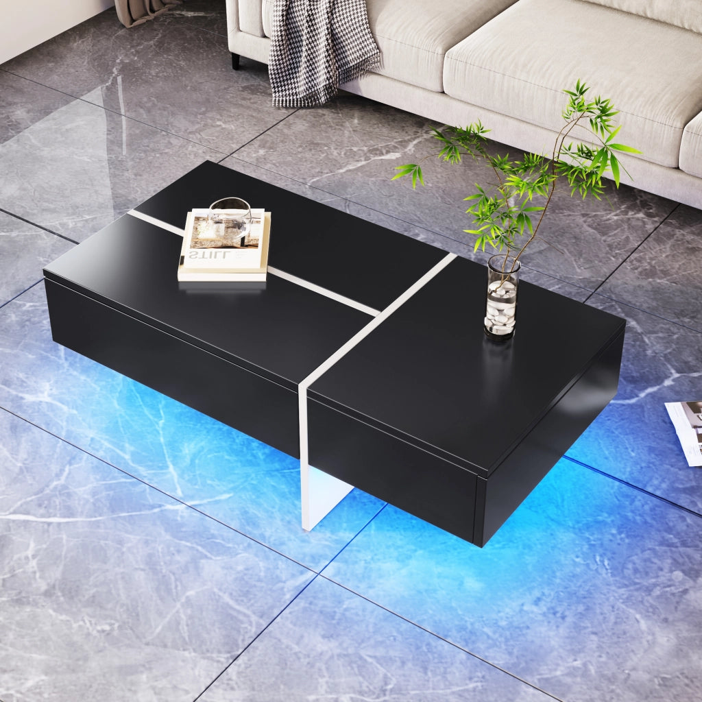 OKWISH Tavolino da Caffè Laccato con 3 Cassetti e LED controllato da applicazione, per Soggiorno, in Truciolare, Nero, 100×50×34,5 cm