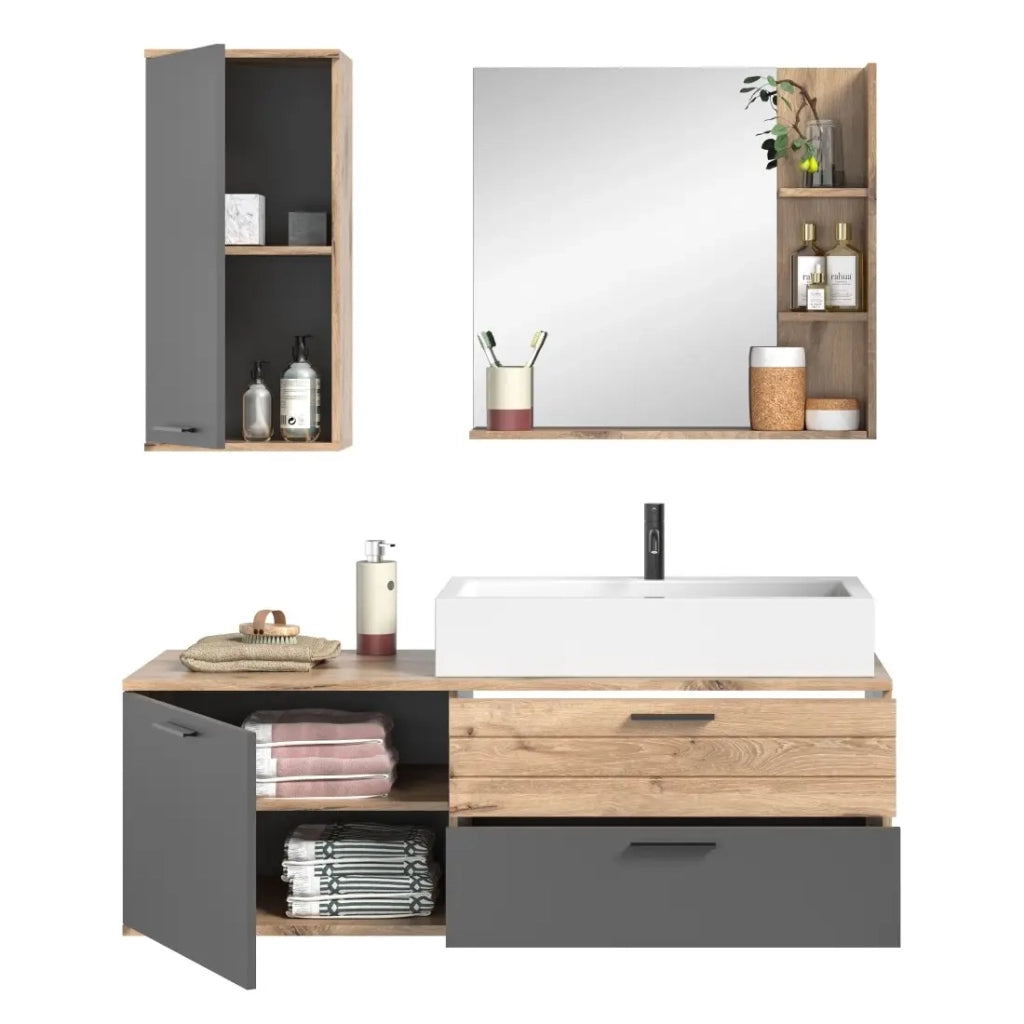 Set da bagno: mobile sotto lavabo + mezza colonna + specchio - Grigio antracite e rovere chiaro - SELMA