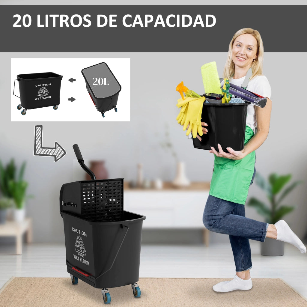 Secchio per Lavapavimenti con Ruote e Strizzatore ¨C Xylo ¨C 20L 60x27x70,5cm Nero