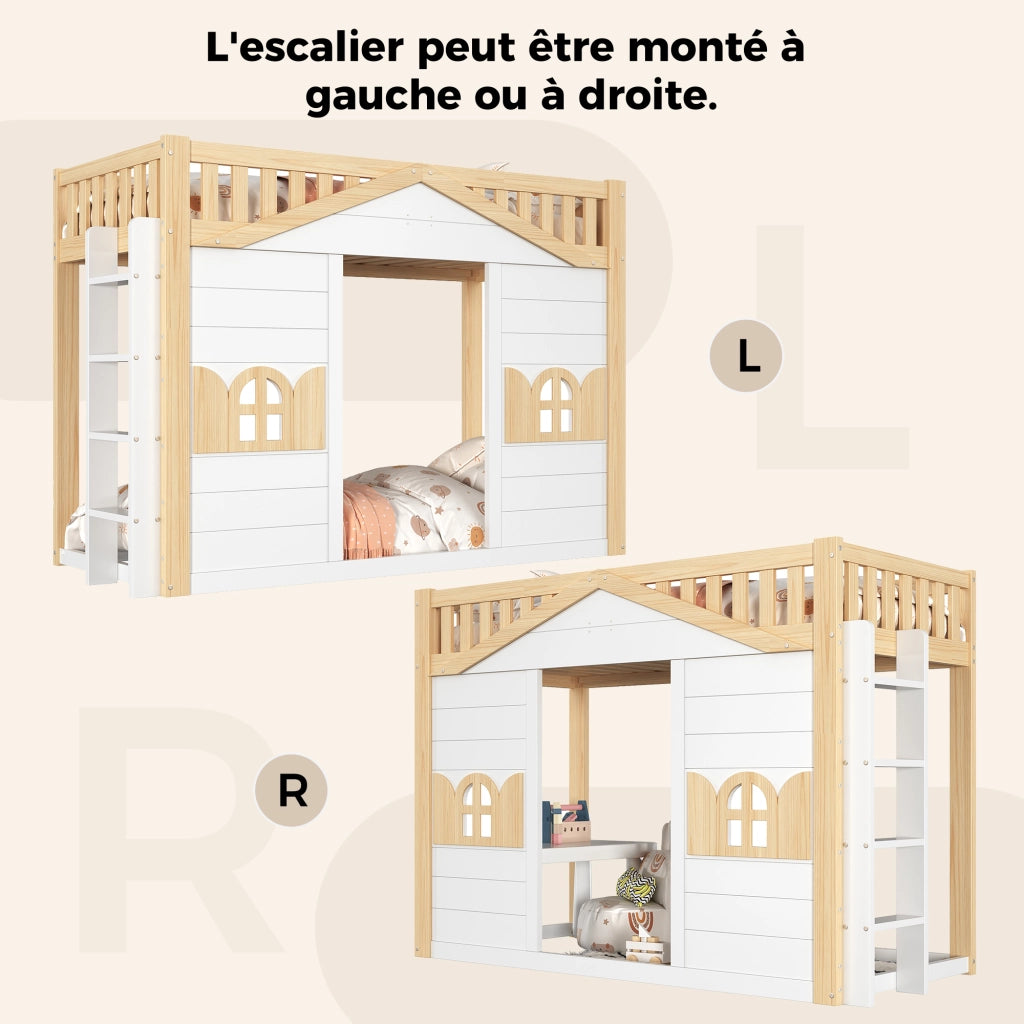 Letto a castello cabana con scala reversibile e finestra LEMONMAX; 90x200 cm; spazio sotto multifunzione; pino e MDF; bianco/naturale