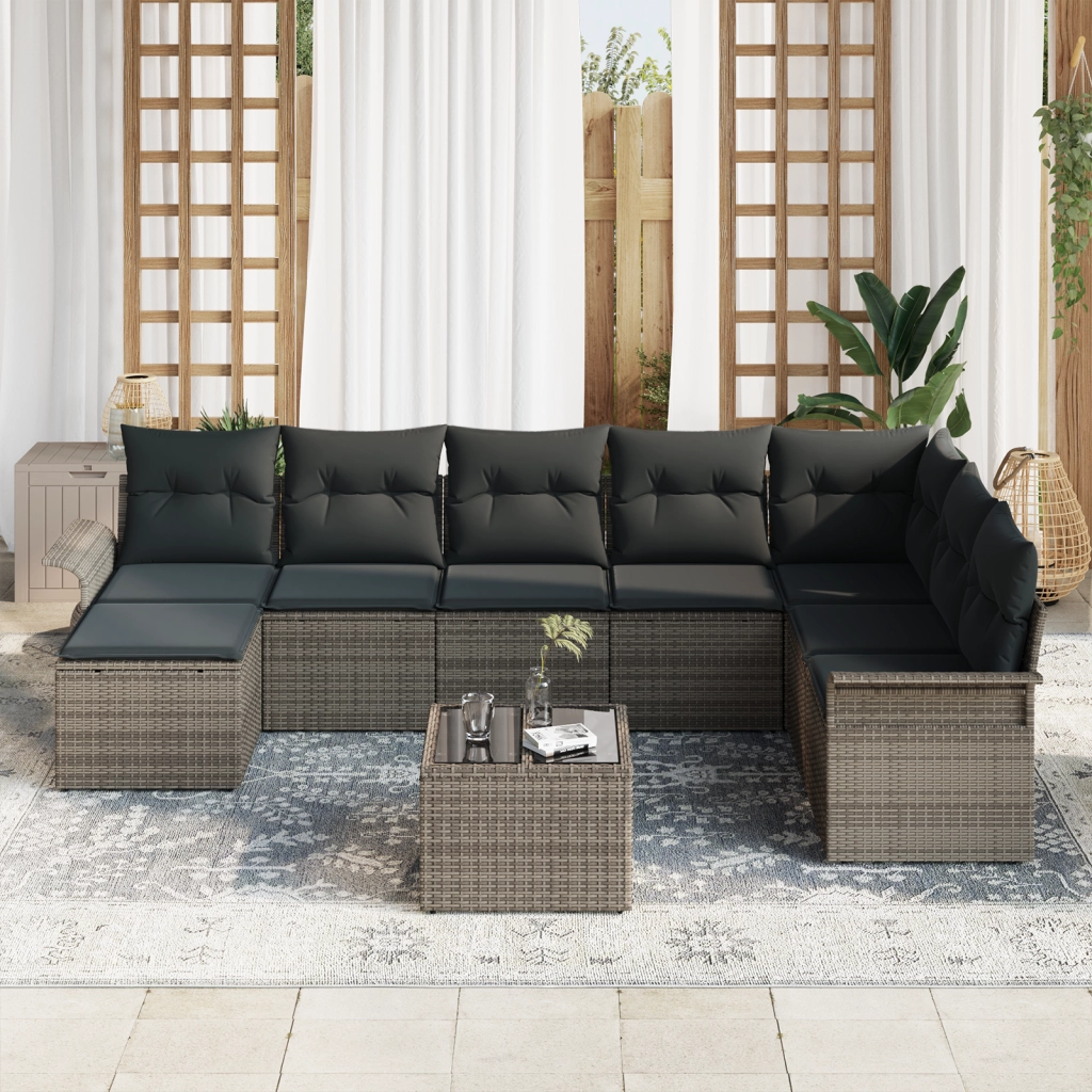 Set divano giardino 8 pezzi e cuscini, Rattan Poliestere Nero