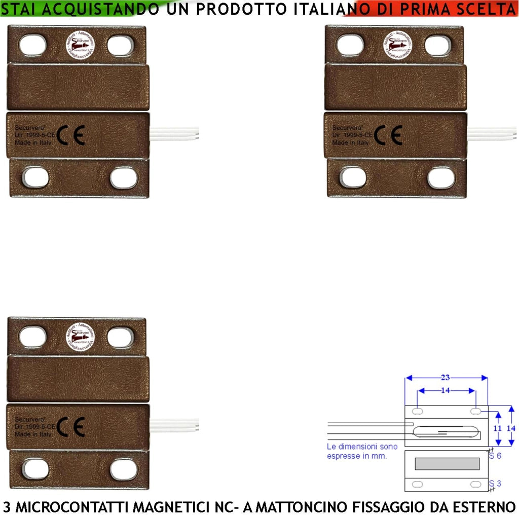 Micro Contatto Magnetico Marrone 3 Pezzi Allarme Porte Infissi Contatto Antifurto NC Reed in Ampolla Sottovuoto Campo Attrazione 10 mm Tensione Max 100 V Corrente 1 A Con Fori di Fissaggio IP65 4 Fili
