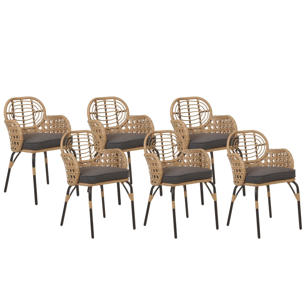 Set di 6 sedie in rattan con cuscino di seduta e poggia braccia naturale intrecciato interni ed esterni stile boho