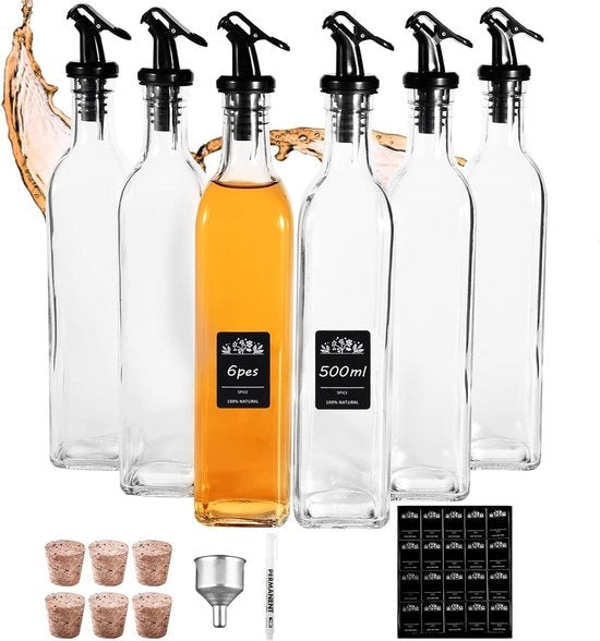 Dispensatore di olio, 500 ml, 6 lezioni di olio, vetro borosilicato, contenitore di olio, aceto e lezioni di olio, flessi riutilizzabili, bottiglia da vino