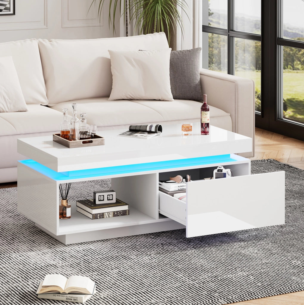 Tavolino da salotto lucido con LED e cassetto