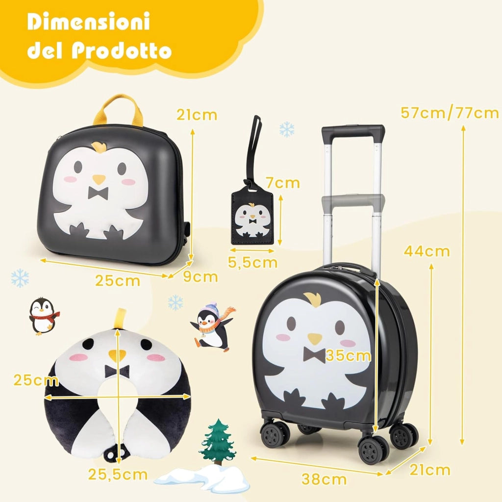 Set di Valiglie per Bambini, Set da 4 Pezzi con Trolley, Zaino, Cuscino per Collo ed Etichetta per Bagaglio, Valigia a Mano da Viaggio con Ruote Universale e Maniglia Regolabile (Pinguino)