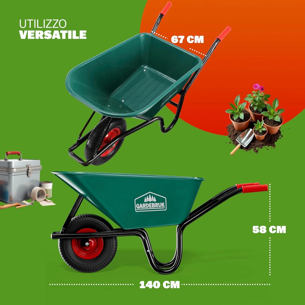 ® Carriola 100 Litri da Giardino Cantiere Costruzione Portata Massima 250kg con Pneumatico Vasca Polipropilene