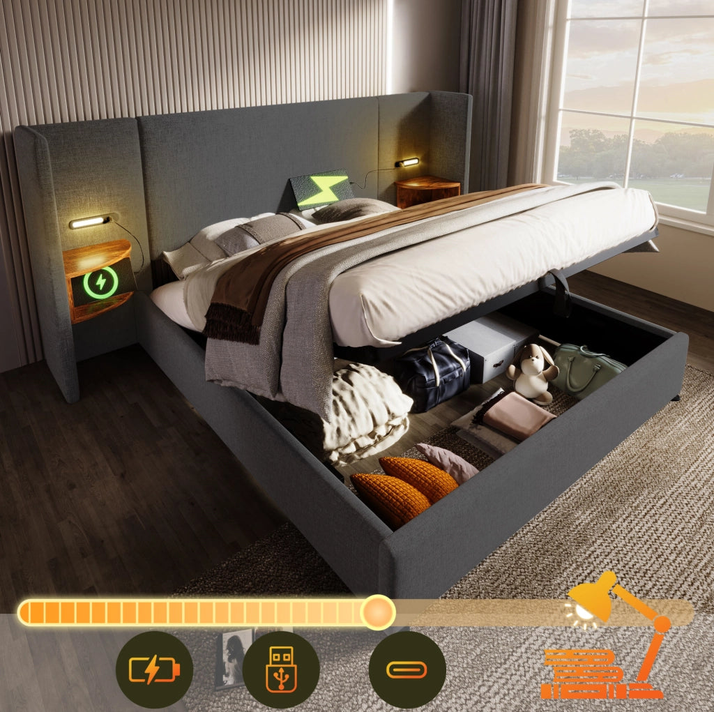 Letto contenitore 180x200 grigio con lampada e ricarica USB-C