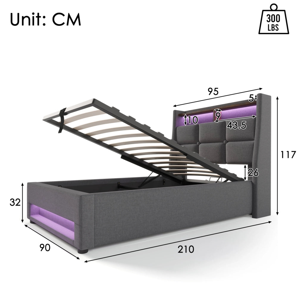 Letto matrimoniale 90x200 cm imbottito con LED e USB; rivestimento in lino grigio