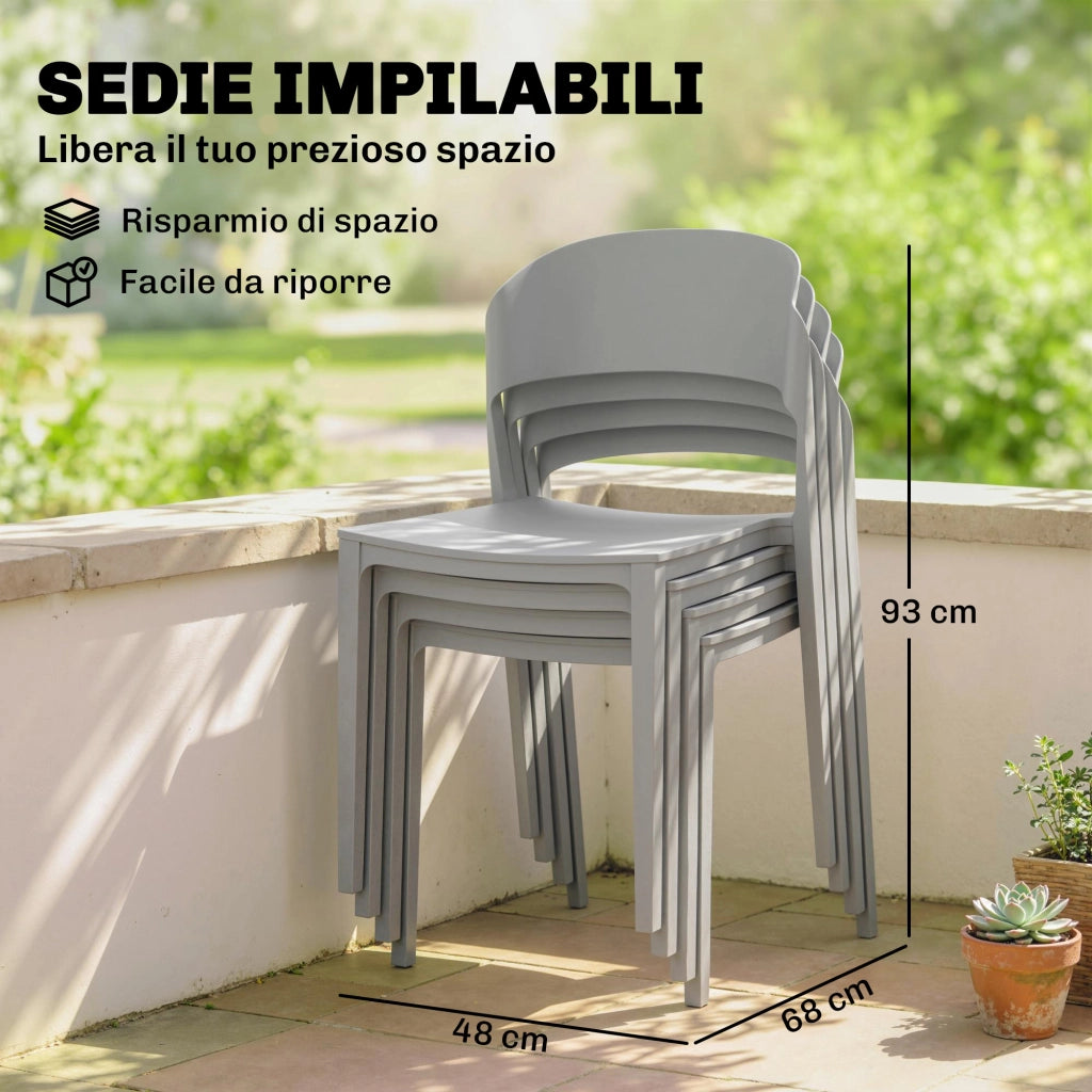 Set 4 Sedie da Giardino Impilabili Struttura in PP Grigio Chiaro