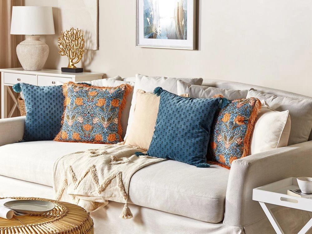 Set di 2 cuscini decorativi blu arancio cotone 45 x 45 cm cotone motivo fiore frange moderno glamour decor
