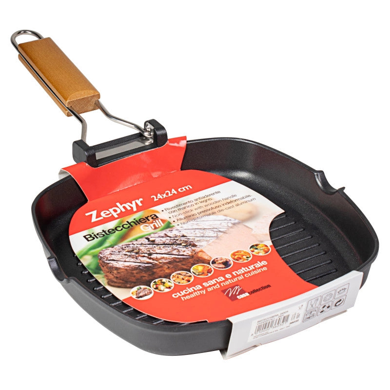 Set di 6 Bistecchiere Quadra 24x24 Cm In Alluminio Pressofuso Manico Pieghevole