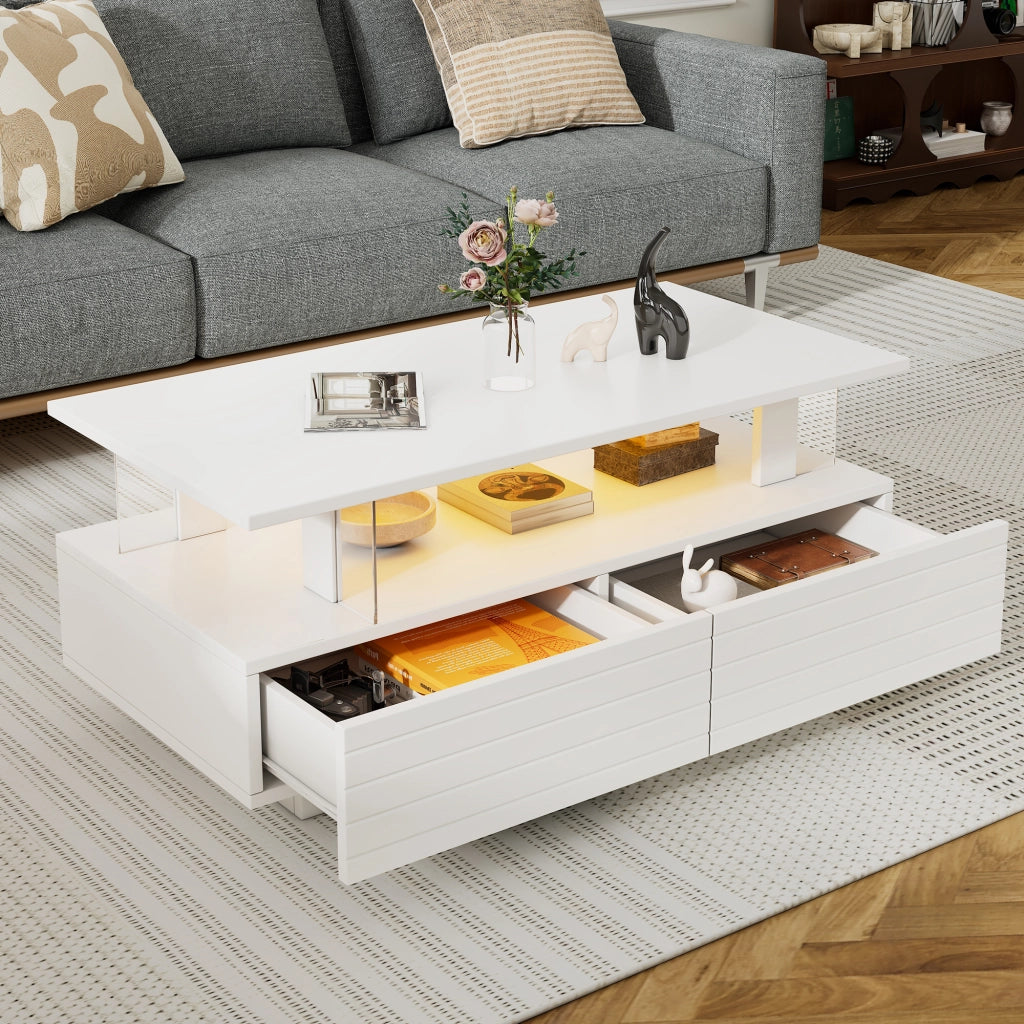 Tavolino da caffè con 2 cassetti; LED - per soggiorno - 100×50×42 cm - bianco