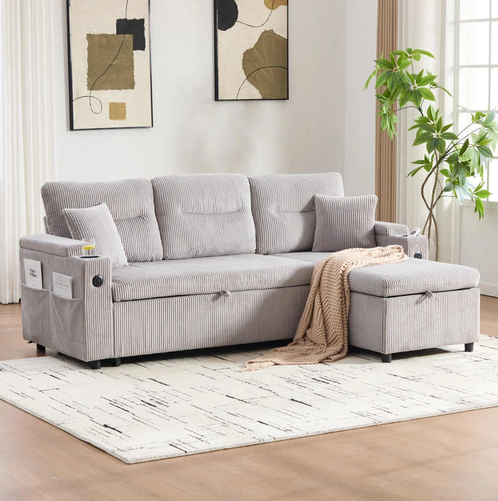 Divano letto 212.5x136x86 cm con chaise longue; letto estraibile e USB-C in corduroy grigio chiaro