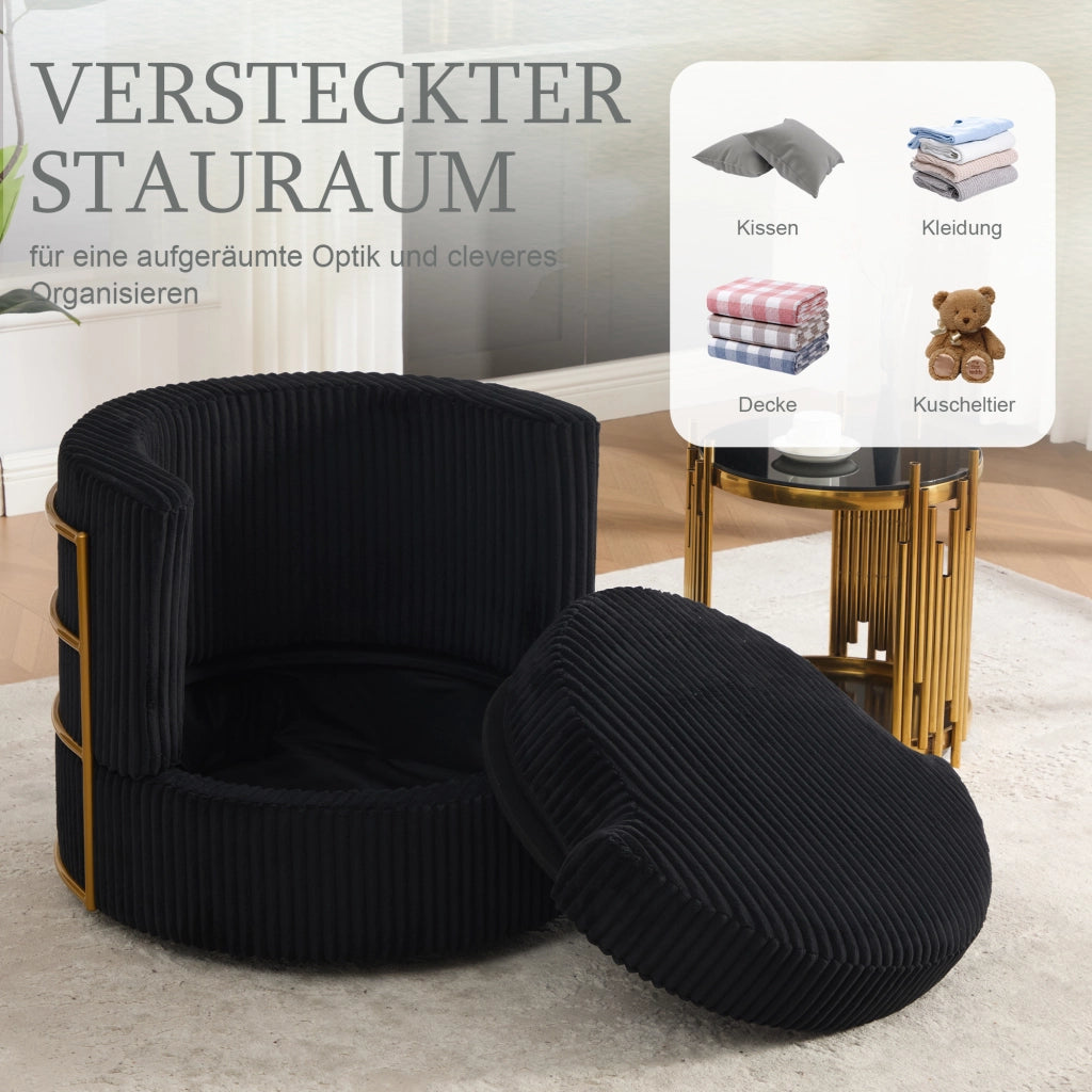 POLTRONA girevole 360° con vano contenitore 76x79x78 cm in velluto a coste nero