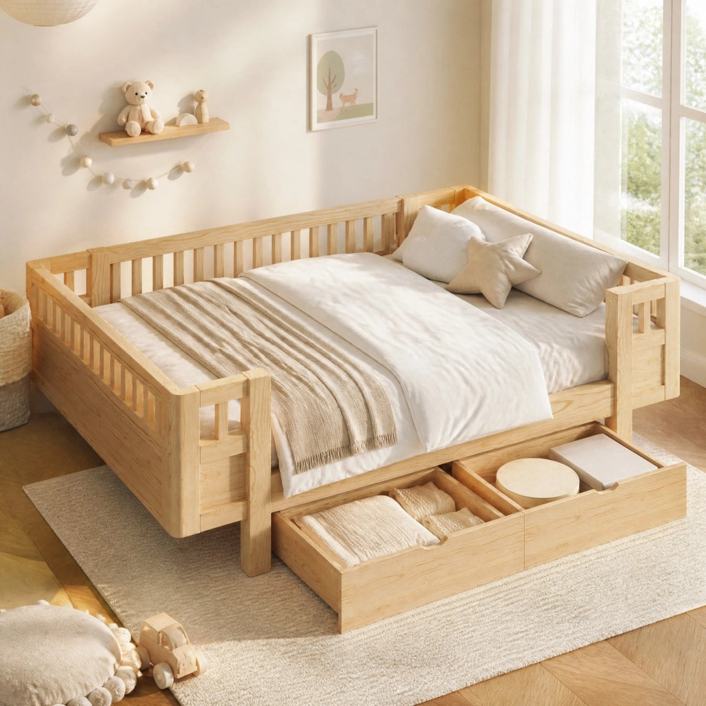 Letto a piattaforma con barriera protettiva e 2 cassetti; 90x200 cm; legno
