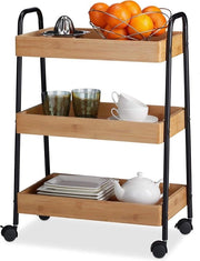 Trolley da cucina 3 cassetti in bambù con ruote girevoli e maniglie - telaio in acciaio - 70x49x28cm - natura/nero