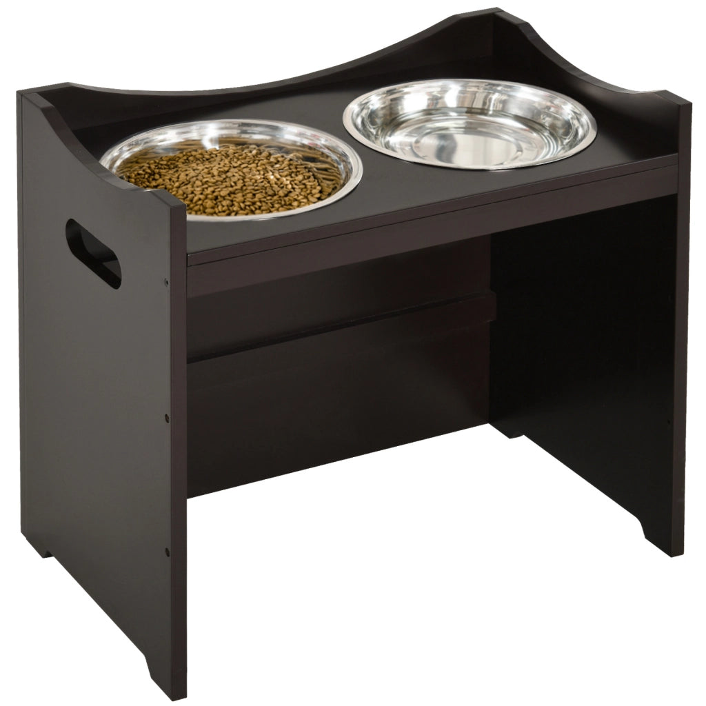 Mangiatoia rialzata regolabile in altezza con doppia ciotola in acciaio inox, MDF, colore caffè, 54x31,5x47 cm