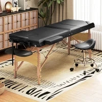 Lettino Massaggio Pieghevole in Legno a 3 Zone con Altezza Regolabile Poggiatesta Braccioli 215x60x64-89 cm Nero