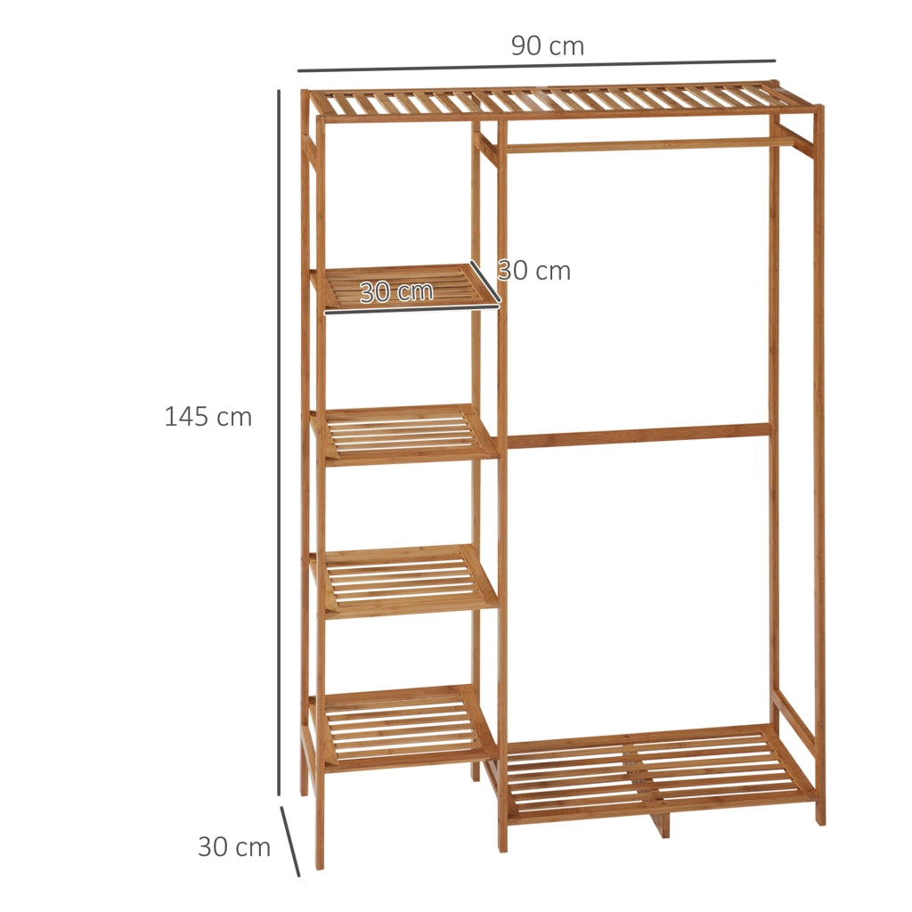 Appendiabiti in Bamb¨´ con Scaffale a 6 Livelli e Barra Attaccapanni, 90x30x145 cm, Legno Naturale
