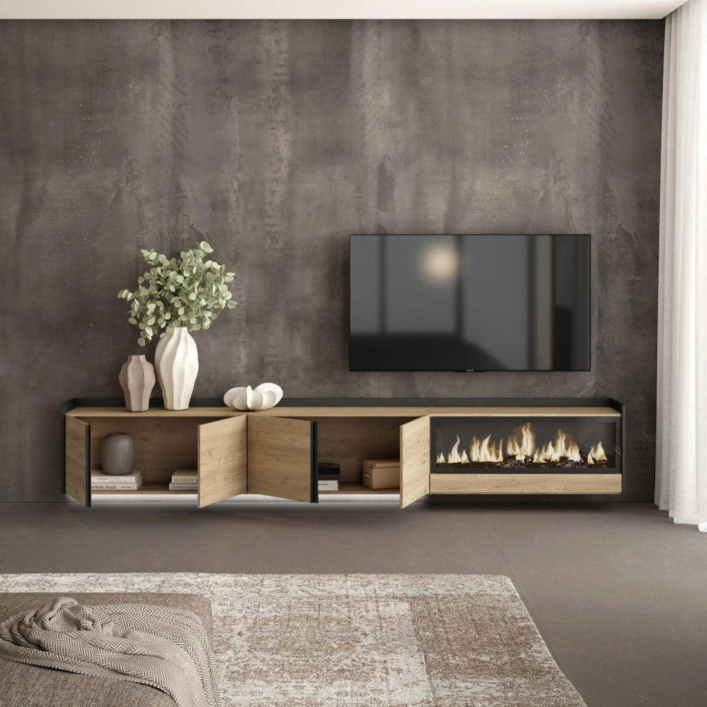 Mobile TV Soggiorno, 315x50x35 cm, Per TV fino a 80", Camino elettrico XXL, Sospeso, da appendere, LED, Rovere e nero