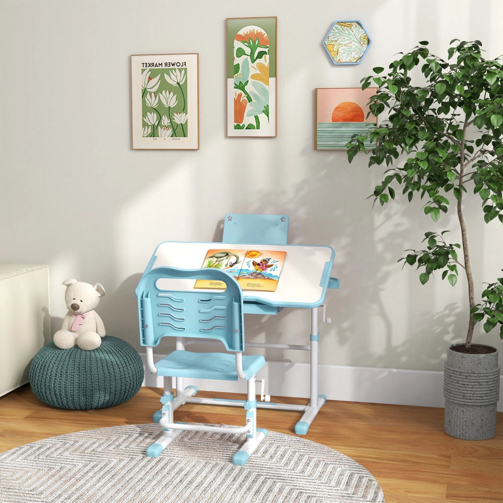 Scrivania per Bambini Regolabile ¨C zephmum ¨C Cassetto, Ripiano, Angolo Aggiustabile 80x49.5x82-104 cm Blu e Bianco