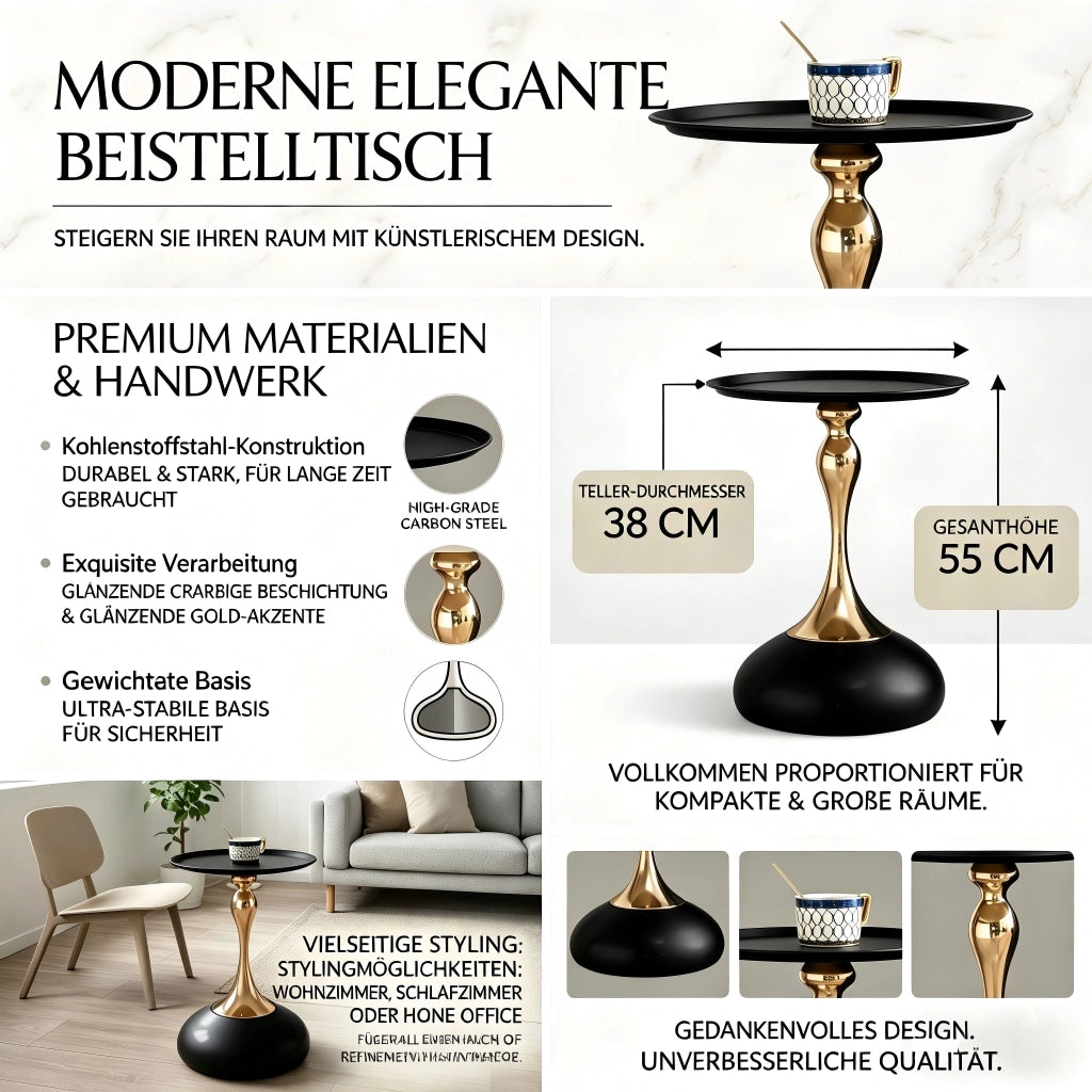 Tavolino basso rotondo con struttura in metallo, stile moderno, per soggiorno e camera da letto, in carbon steel, nero e oro