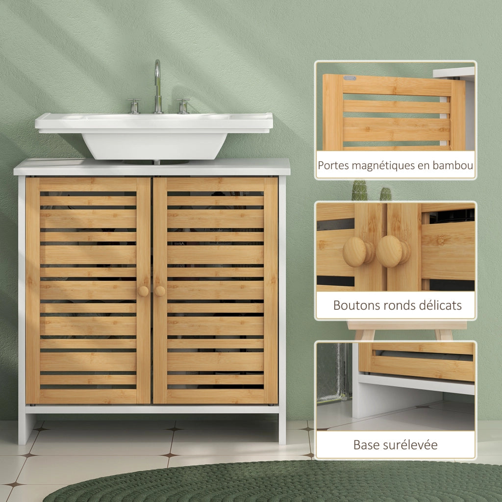 Mobiletto sottolavabo 2 ante ripiano regolabile ¨C zephmum ¨C bianco bamb¨´ 60x30x60 cm