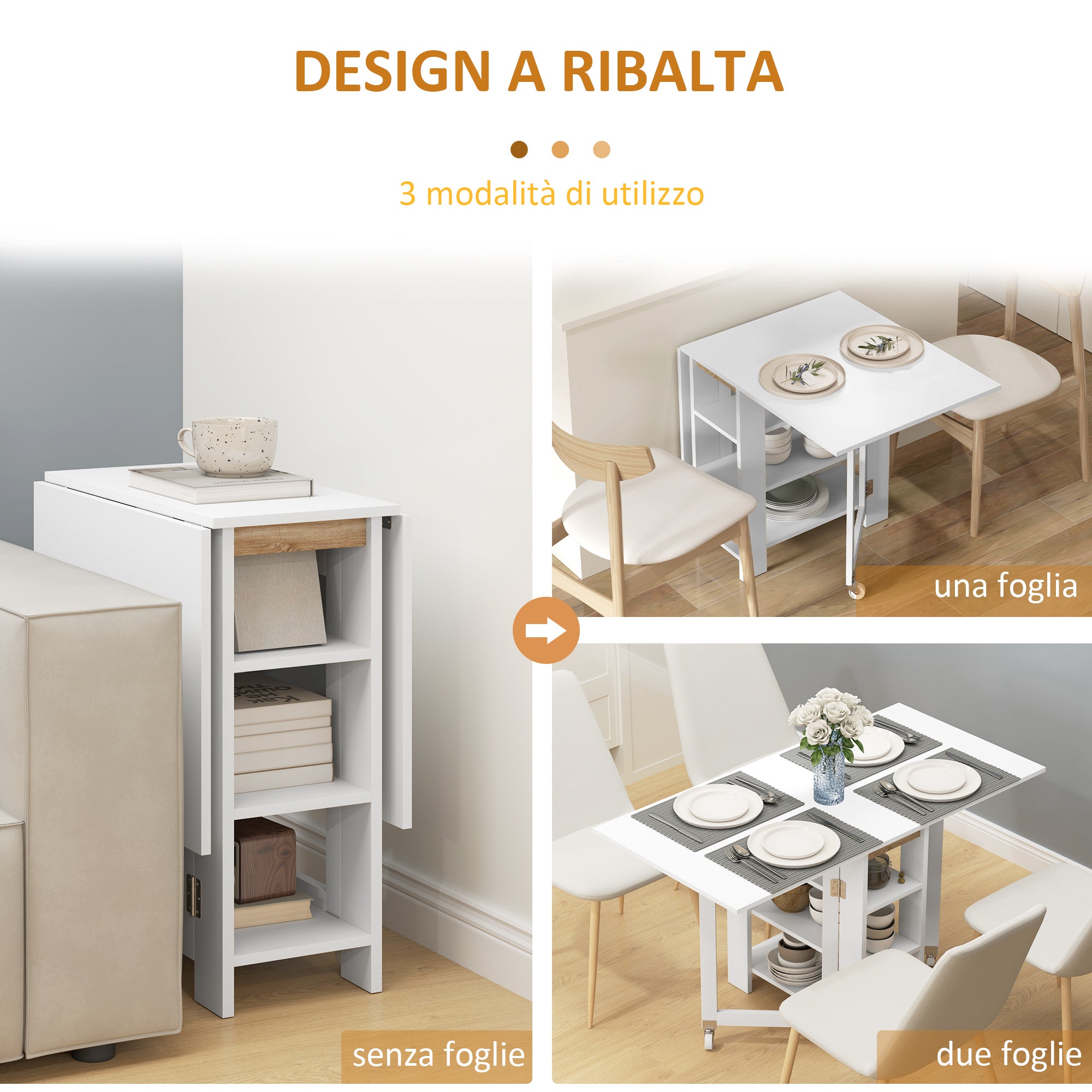 Tavolo Pieghevole da Pranzo 120x60x75 cm con 2 Ribalte e Ripiani in Truciolato Bianco