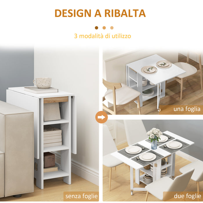 Tavolo Pieghevole da Pranzo 120x60x75 cm con 2 Ribalte e Ripiani in Truciolato Bianco