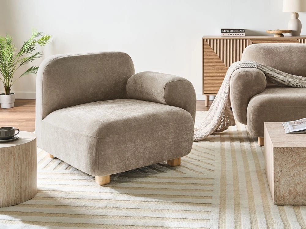 Modulo divano angolare lato sinistro a 1 posto con tessuto idrorepellente gambe in legno beige stile moderno a un posto