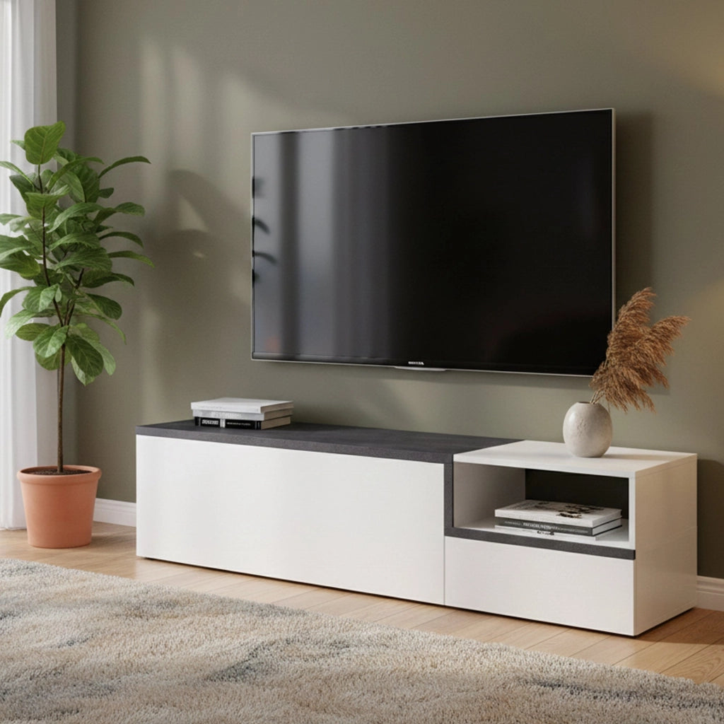 Mobile da soggiorno Porta Fluorite, Made in Italy, Credenza per Fluorite a 2 ante, Porta Fluorite da salotto, cm 160x40h46, Bianco lucido e Ardesia
