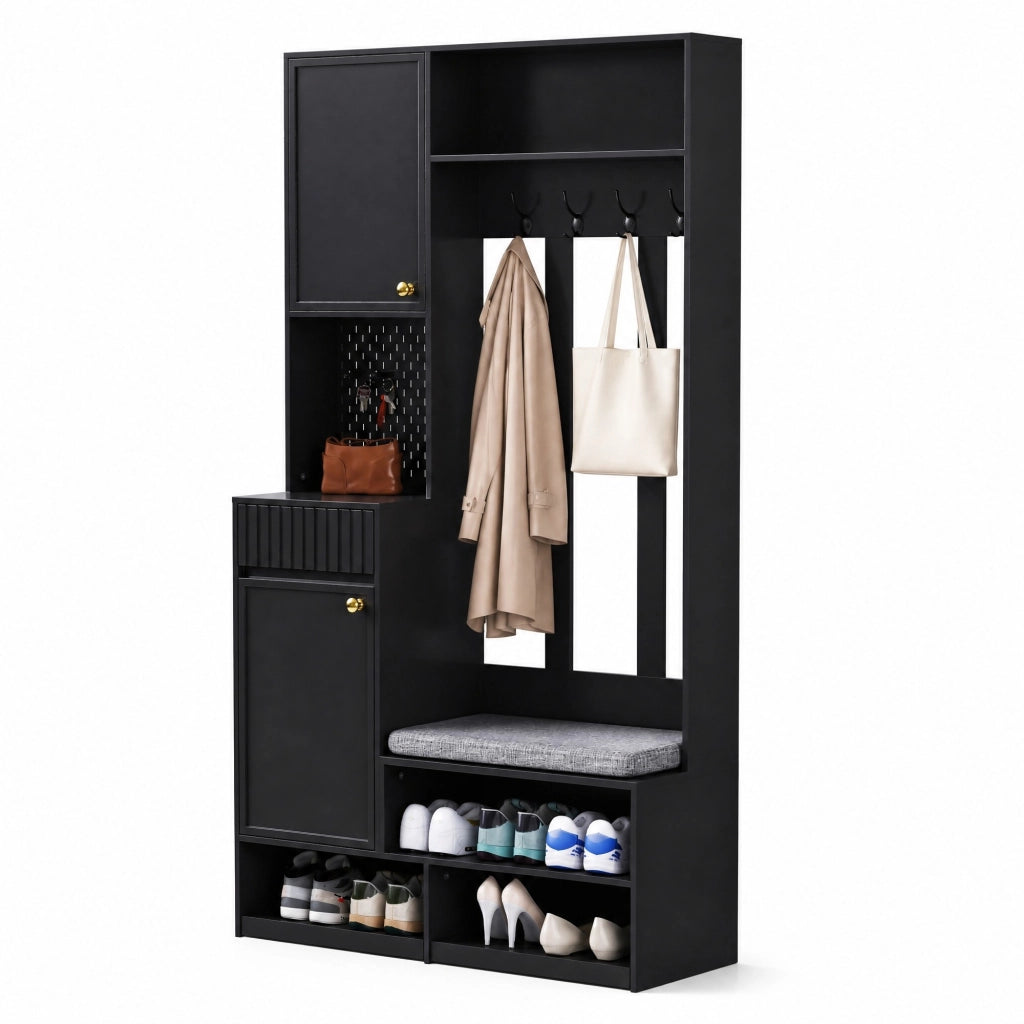 Set guardaroba da ingresso multifunzionale con panca, 4 ganci, cassetti e pannello forato, nero, 100¡Á180¡Á35 cm
