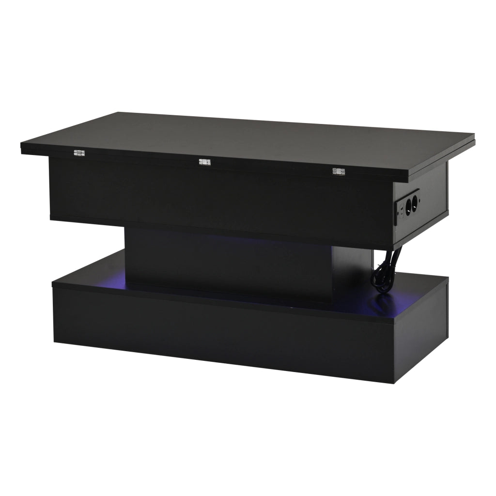 Tavolino da salotto alzabile 100x50x51,5 cm nero con LED, presa laterale, ricarica USB, vano contenitore e piano regolabile